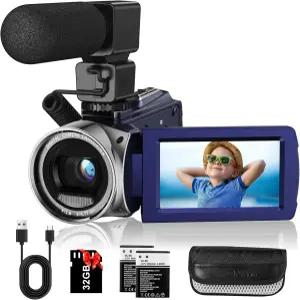 Rawiemy 비디오 카메라 캠코더 FHD 1080P 18배 32GB YouTube 및 캠코더마이크 카드 2개 30인치 회전