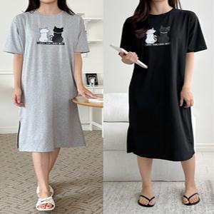 [제이스코] 여성 A라인 7부 반팔원피스 캐릭터 홈라운지웨어 여성잠옷 집콕 집순이 2컬러