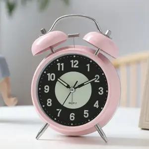 무소음 야광 해머벨 탁상 시계 핑크/아날로그 알람 책상 테이블 탁자 인테리어 자명종 침실 학생 기상 심플