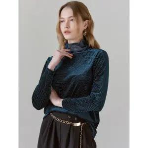 [하프클럽/마쟈]시스루 배색 메탈믹스 벨벳 반목폴라 티셔츠