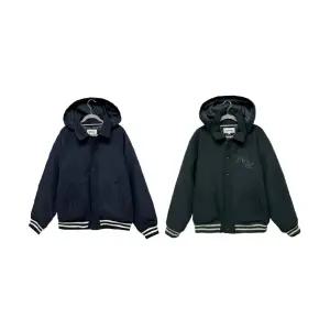 커스텀멜로우 새드스마일 바시티 점퍼 다크네이비 카키 오버사이즈 바시티 아우터