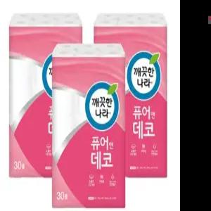 깨끗한나라 퓨어앤데코 3겹화장지 30m 30롤 3팩 (90롤)