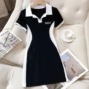 배색 여성 카라 원피스 캐주얼 미니 원피스 여름 치마