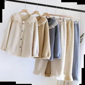 수면잠옷세트 여성 폭신 겨울 수면잠옷 카라레이스프릴 홈웨어 세트