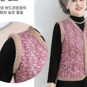 융털 패딩 중장년 방한 김장 꽃무늬 크롭 조끼 브이넥 여성