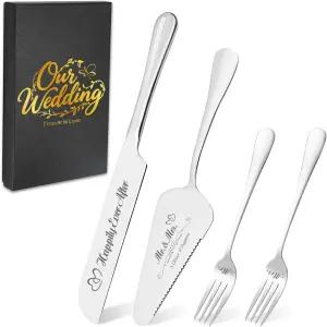 맞춤형 웨딩 케이크 나이프 및 서버 세트 스테인리스 포크가 있는 각인 커팅 신부 기념일 생일 결혼식 등록