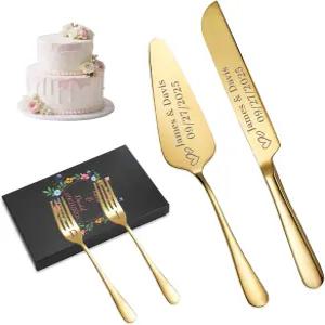 HJX 맞춤형 웨딩 케이크 나이프 및 서버 세트 각인된 4피스 커팅 신랑 신부를 위한 약혼 파티 기념일 생일