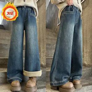 삐삐네옷가게 여아 바지 주니어 아동 키즈 초등 옷 의류 겨울 와이드 소프트 기모 빈티지 진 청바지 팬츠
