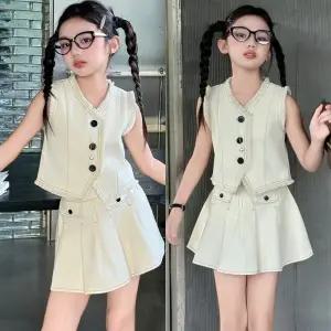 삐삐네옷가게 주니어 여아 여름 상하복 티셔츠 반팔 반바지 플리츠 크림베스트 세트 초등학생 데일리룩 947