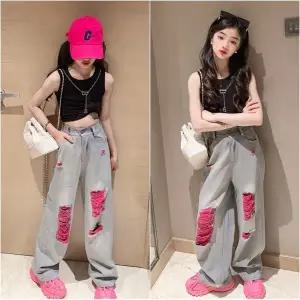 삐삐네옷가게 주니어 여아 여름 상하복 셋 티셔츠 반팔 반바지 찢청 와이드 블랙 크롭 핑크 데님 초등학생