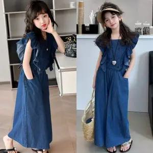 삐삐네옷가게 주니어 여아 여름 상하복 셋 블라우스 반팔 반바지 와이드 프릴 러블리 데님 초등학생 데일리