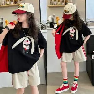 삐삐네옷가게 주니어 여아 여름 상하복 셋 티셔츠 반팔 반바지 데님 캐릭터그래픽 귀욤뽀짝 토끼 초등학생