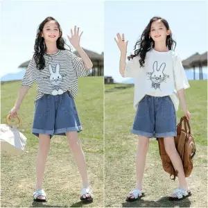 삐삐네옷가게 주니어 여아 여름 상하복 셋 티셔츠 반팔 반바지 캐릭터 프린트티 데님래빗 썸머 초등학생 데