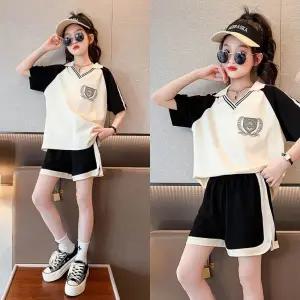 삐삐네옷가게 주니어 여아 여름 상하복 셋 티셔츠 반팔 반바지 카라 배색브이 초등학생 데일리룩 등원룩 94