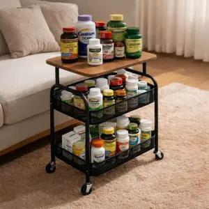 이동식 수납 트롤리 카트 3단 우드 상판 선반 홈카페 사이드테이블