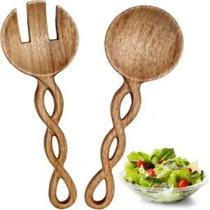 2PCS 우드 샐러드 집게 손잡이와 함께 제공되는 9.4인치 아카시아 포크 스푼과 스타일리시한 나무 식기류