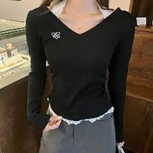 레이어드 레이스 여성 모던 브이넥 긴팔티 N 0 겨울티셔츠 여자긴팔 패션티셔츠 데일리긴팔