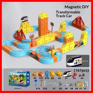 STEM 자석 자동차 경주 장난감 몬테소리 교육용 학습 세트 모터화된 기차 3D 미로 트랙 레일 차량 모델 키