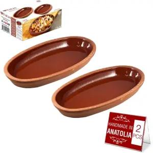 하칸 베르가마 수제 타원형 점토 팬 2종 세트 테라코타 내부 유약 오븐 베이킹용 카세롤 접시 박스형 전통