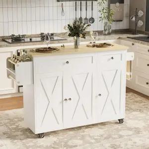 INCK 56인치 롤링 키친 아일랜드 테이블 온 휠 서랍 및 조절 가능한 선반 캐비닛이 있는 주방용 대형