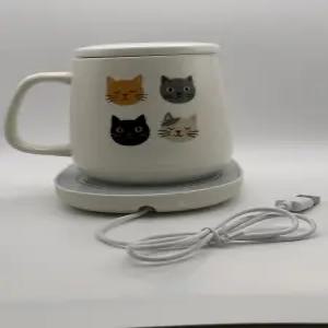 누베르타 4면 고양이 커피 머그 워머 세트 뚜껑과 숟가락이 포함된 12온스 세라믹 야옹 머그잔 USB 파워