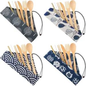 4세트 대나무 식기 여행용 세트 재사용 가능한 포크 나이프 숟가락 젓가락 빨대 청소용 브러시 여행 피크닉