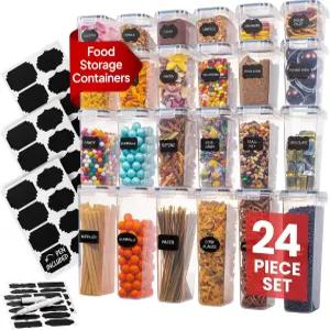 밀폐 식품 보관 용기 세트 - 뚜껑이 있는 팬트리 파스타 밀가루 설탕 시리얼 주방 (클리어-24 팩)