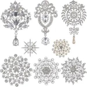 DIY 결혼식 파티 꽃다발 장식 공예 장식을 위한 의자 8팩 도금 모듬 크리스탈 라인스톤 브로치 핀 세트