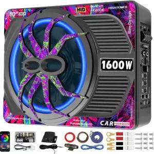 서브펄식스 1600W 슬림 언더시트 카 서브우퍼 내장 앰프 RGB 비트 동기화 라이트 저역 통과/이득/베이스