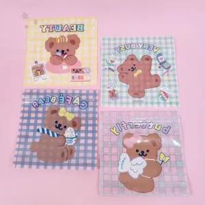 체크무늬 패턴 곰 캐릭터 투명 비닐 소분 포장 선물 간식 보관 밀봉 파우치