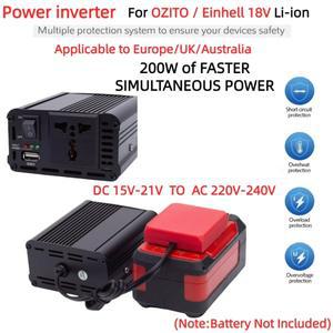 OZITO 18V 배터리용 200W 휴대용 전력 인버터 DC 220V로 변환 영국 EU AU용 USB 5V 2.4A로 없음)