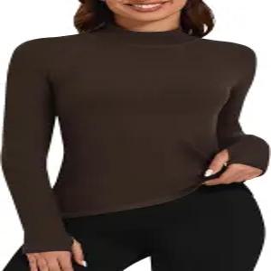 보네이우테베 여성용 마이크로 플리스 안감 언더셔츠 모의 넥 골지 열 셔츠 운동 기본 레이어 엄지 구멍