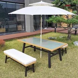 [하프클럽/]라탄 야외 테이블 의자 세트 벤치형