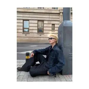 룽나루 남성 청자켓 터키석 워싱 데님 코트 가을 빈티지 캐주얼 칼라 재킷 HO3