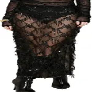 메이크메칙 여성용 스팽글 미디 스커트 시어 프린지 글리터 반짝이는 파티 클럽 커버 펜슬