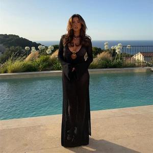 여성용 니트 원피스, 우아한 시크 섹시 맥시 랩스커트 원피스, 플레어 긴팔 비키니, 시스루 비치웨어, 2025