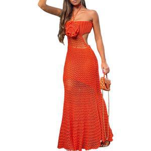 3D 꽃 홀터넥 크로 셰 뜨개질 니트 롱 드레스 여성 민소매 속이 빈 컷 아웃 Strapless 비치 드레스 비키니