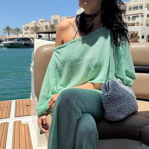 여성 여름 휴가 비치 니트 커버업 민소매 티셔츠 풀오버 케이프 판초 크롭탑 드레시 랩 볼레로 숄