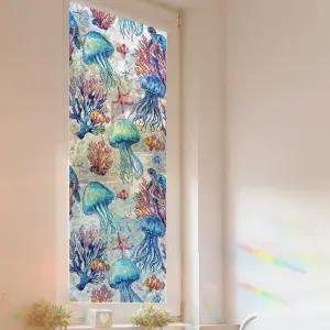 스테인드글라스 창문 필름 오션 스타일 장식용 프라이버시 3D 유리 클링 홀로그램 컬러풀 스티커 홈 룸