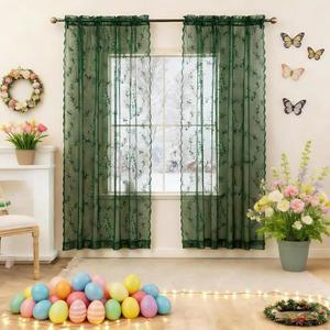 Awnmeow 거실용 시어 레이스 크리스마스 커튼, 눈송이 자수 위브 홀리데이 창문 장식용, 로드 포켓 그린 드레이프,