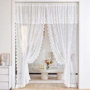 침실 거실용 밸런스가 돋보이는 우아한 화이트 레이스 시어 커튼, 빈티지 플로럴 자수 세미 커튼 막대 포켓 가리비