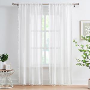 Bapawfish 화이트 보헤미안 레이스 시어 커튼 패널 길이 213.4cm(84인치) 태슬 , 침실 거실용 기하학적 자수 패턴