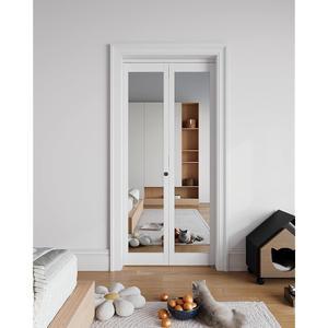 36인치 x 80인치 개구부용 이중폴드 도어, 슬라이딩 하드웨어 키트 세트가 있는 1라이트 미러 인테리어 옷장용 HD 패널, 팬트리, 화이트 앤 이지 설치