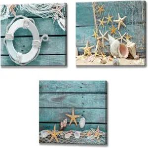 비우테아왈 청록색 보드 3피스 캔버스 월 아트 불가사리 껍질 그림 주방 욕실 거실 벽 장식용