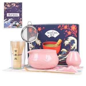 볼이 있는 말차 거품기 세트, 세라믹 홀더가 키트 8개, 스쿱 홀더, 체, 티 타월, 인사말 카드, 대나무 및 스쿱, 차 애호가를 위한 핑크 크리스마스 선물