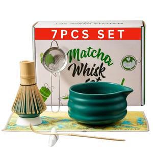 7PCS 세라믹 말차 거품기 세트 - 전통적인 일본 차 세트에는 그릇과 스파우트, 대나무 거품기, 휴식용 스쿱, 티 타월이 포함된 체 애호가를 위한 완벽한 키트가 포함되어 있습니다