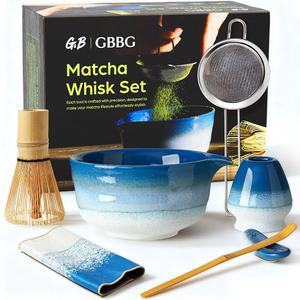 GBBG 말차 위스키 세트, 세라믹 키트 사막 스타일, 앤 볼, 대나무 스쿱 레스트, 체와 티 타월, 애호가를 위한 7개 선물(파란색)