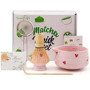 유미플러스 5개 프리미엄 말차 세트, 스파우트와 대나무 거품기 세트가 포함된 세라믹 볼, 아침 식사/라떼용 의식용 키트, 차 스타터 만들기 유니크 선물 세트(핑크 러브)