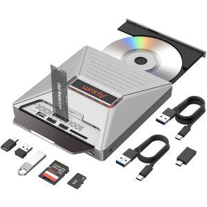 노트북용 Alxum 외장 CD DVD 드라이브, M.2 NVMe /USB 2.0 인터페이스와 SD /Micro 카드 슬롯이 있는 7 in 1 휴대용 플레이어 버너, Windows /Mac OS /Linux /Vista용 초슬림 디스크 드라이브 옵티컬