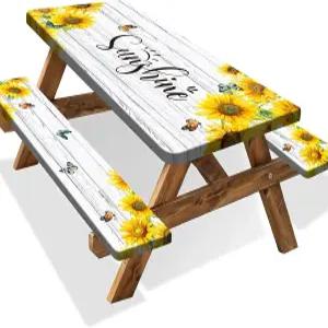 해바라기 피크닉 테이블 커버 벤치 캠핑 필수품 나무 곡물 야외 탄력 방수 기능이 있는 테이블보 RV 여행용